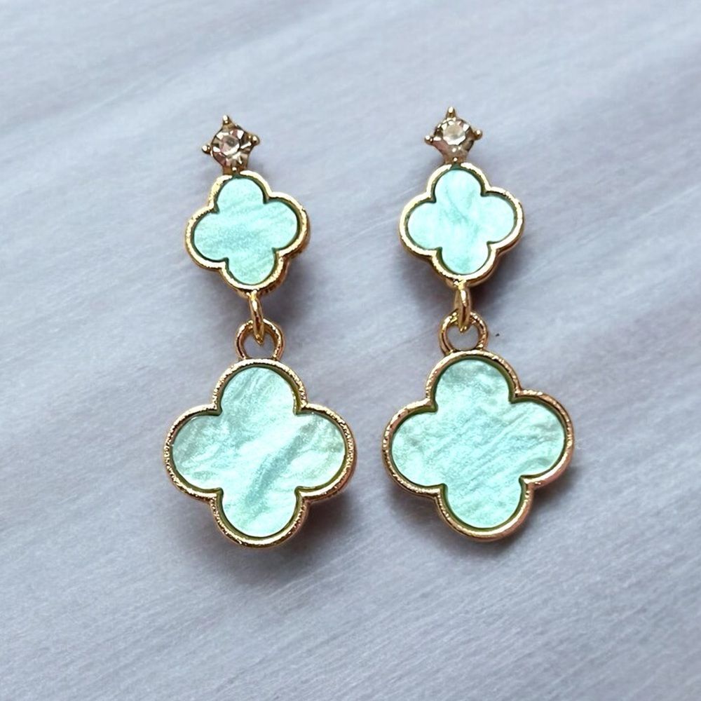 Designer Inspired Double Blue Clover Gold Tone Dangle Earrings